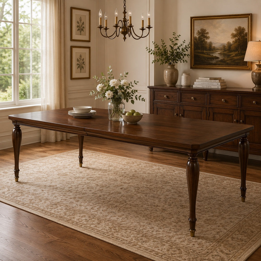 Raam Dining Table w Leaf | Turned Legs w Gold Caps | Cherry Brown 76-94"