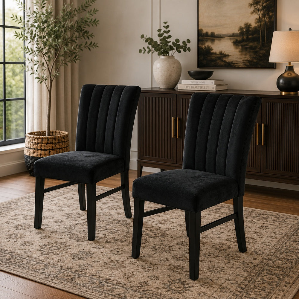 Sely Side Dining Chair Set of 2 | Foam Fill Seat & Channeled Back | Black