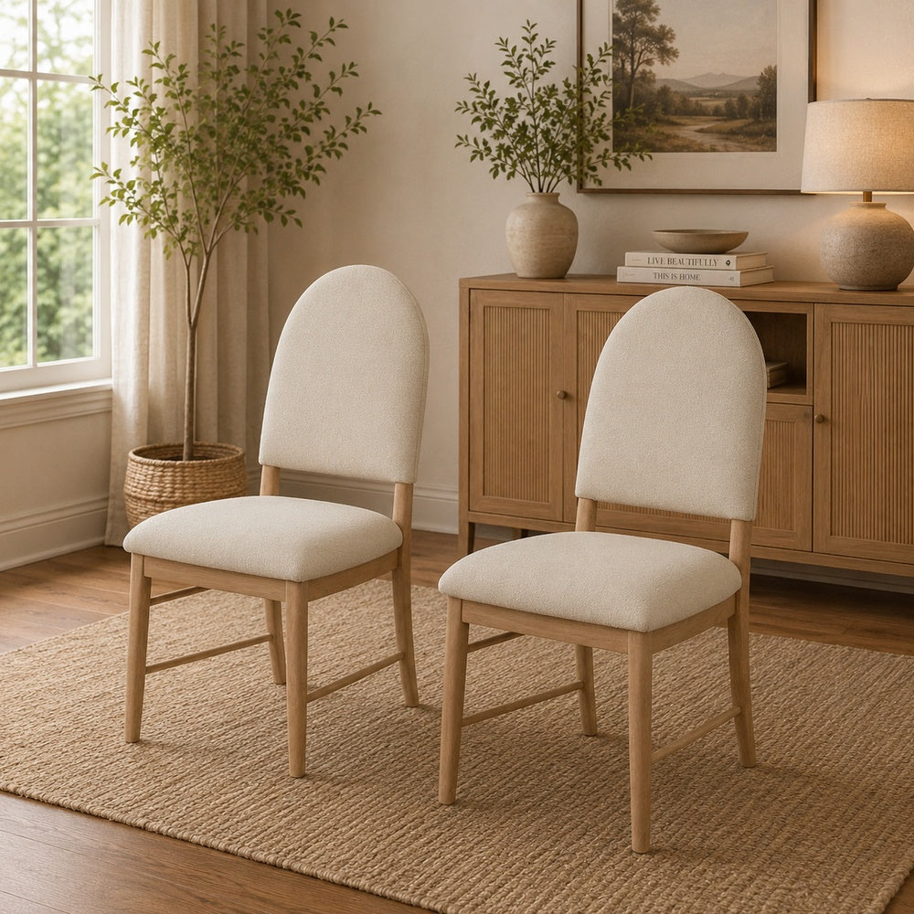 Reha Dining Side Chair Set of 2 | Arch Back | Beige Cushions | Natural Brown