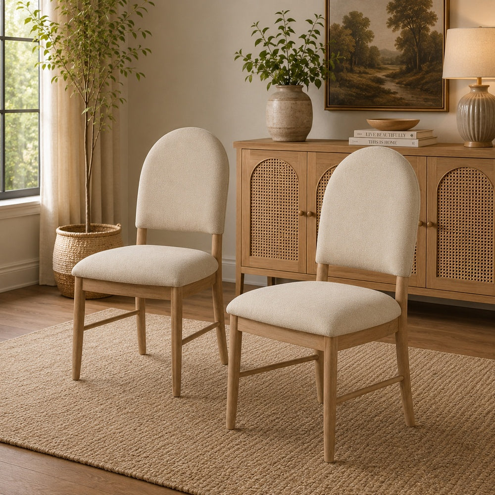 Reha Dining Side Chair Set of 2 | Arch Back | Beige Cushions | Natural Brown