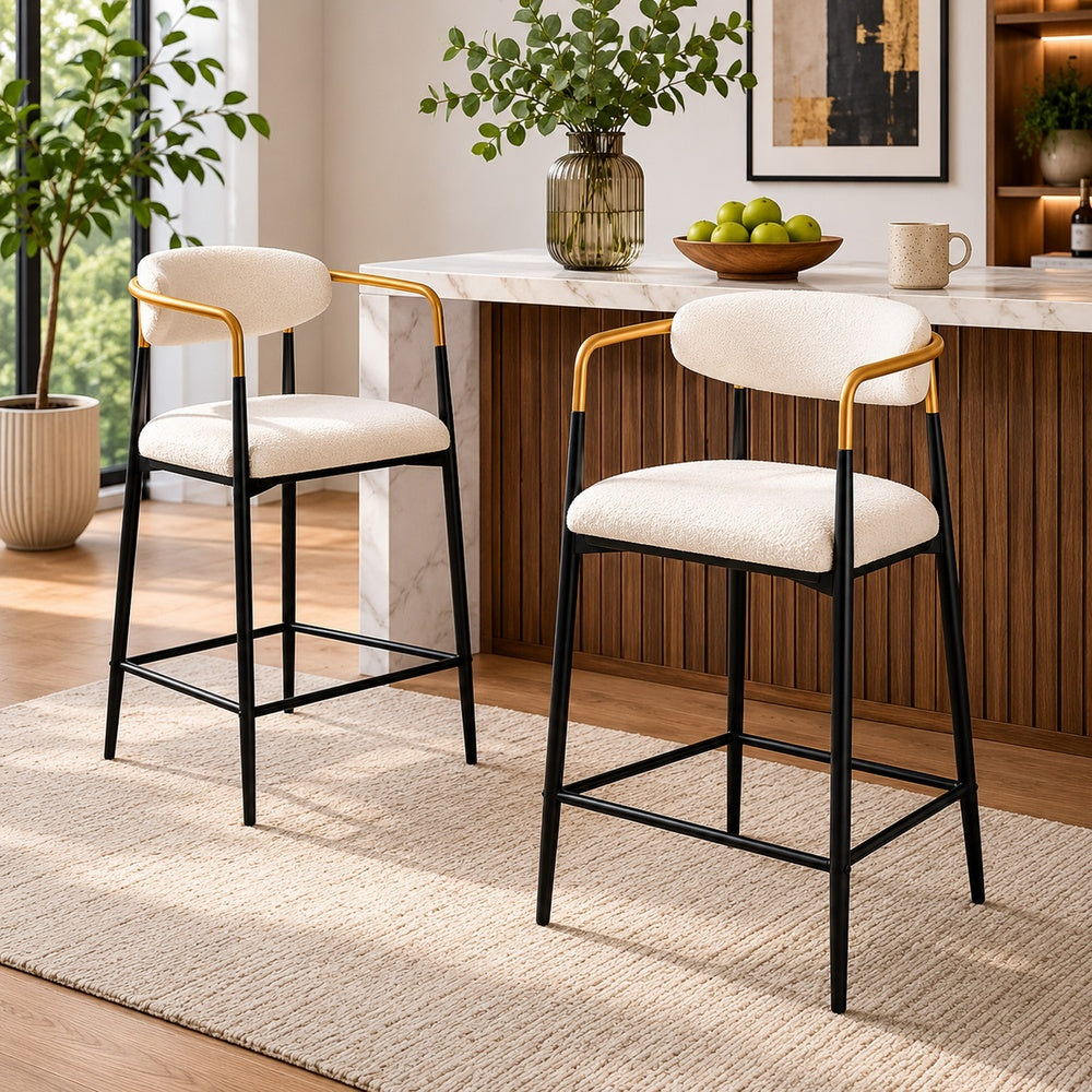 Nath Counter Height Chair Set of 2 | Gold Metal Arms | White Cushions | Black