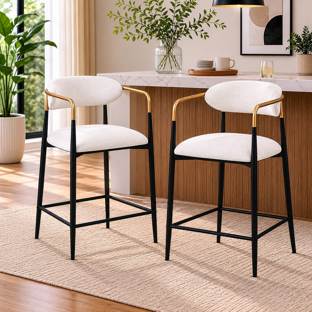 Nath Counter Height Chair Set of 2 | Gold Metal Arms | White Cushions | Black