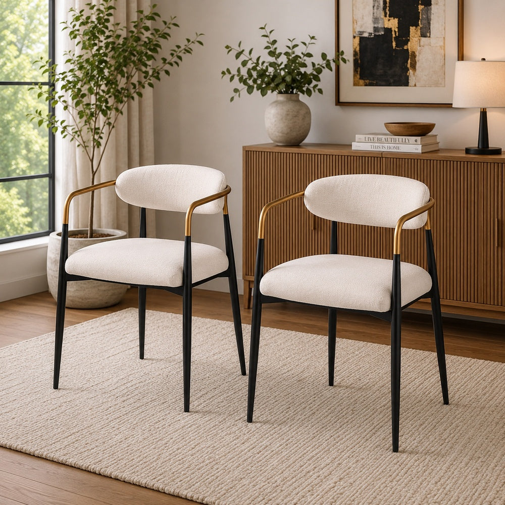 Nean Dining Side Chair Set of 2 | Gold Metal Arms | White Cushions | Black