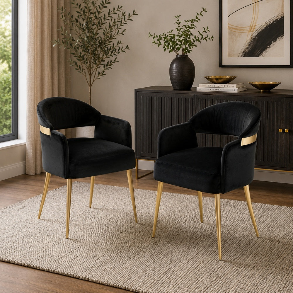 Noth Dining Armchair Set of 2 | Foam Fill Black Cushions | Matte Gold