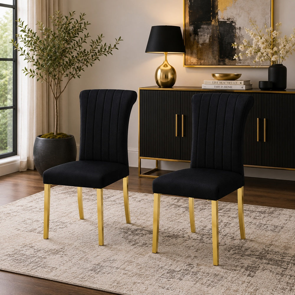 Hols Parson Dining Side Chair Set of 2 | Channeled Black Fabric | Gold Steel