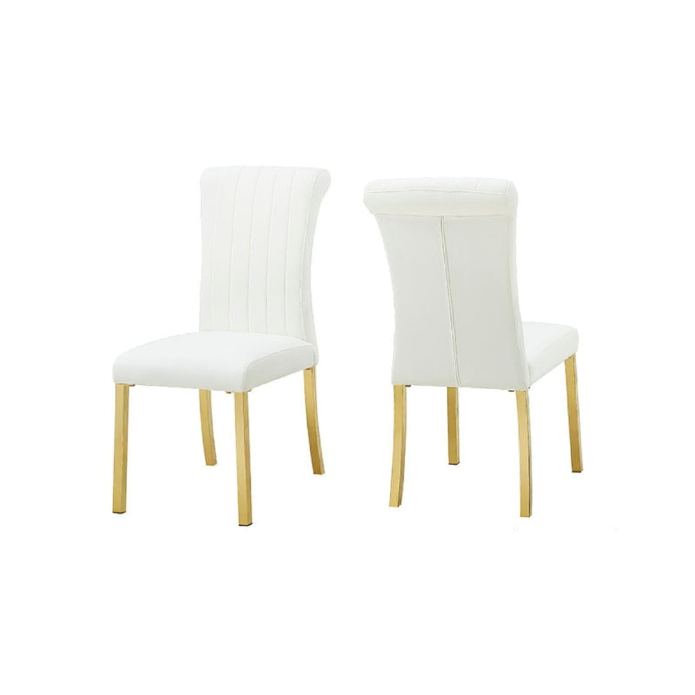 Hols Parson Dining Side Chair Set of 2 | Channeled White Fabric | Gold Steel Base