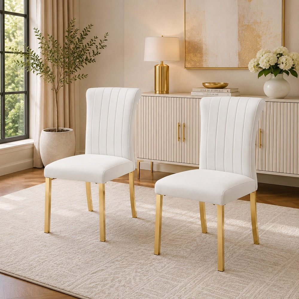 Hols Parson Dining Side Chair Set of 2 | Channeled White Fabric | Gold Steel Base