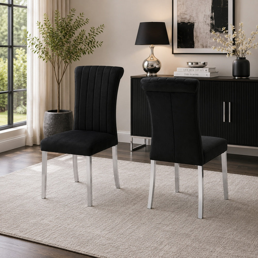 Hols Parson Dining Side Chair Set of 2 | Black Fabric | Silver Steel Base