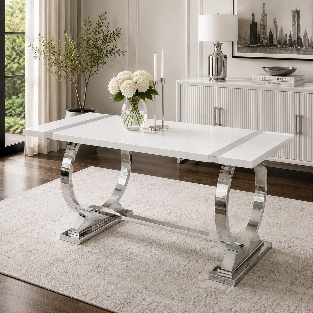 Hols Dining Table | Silver B&ing on White Top | O-Shaped Steel Legs 60"