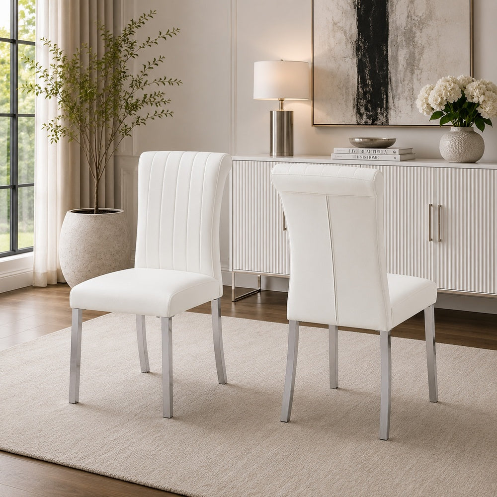 Hols Parson Dining Side Chair Set of 2 | White Fabric | Silver Steel