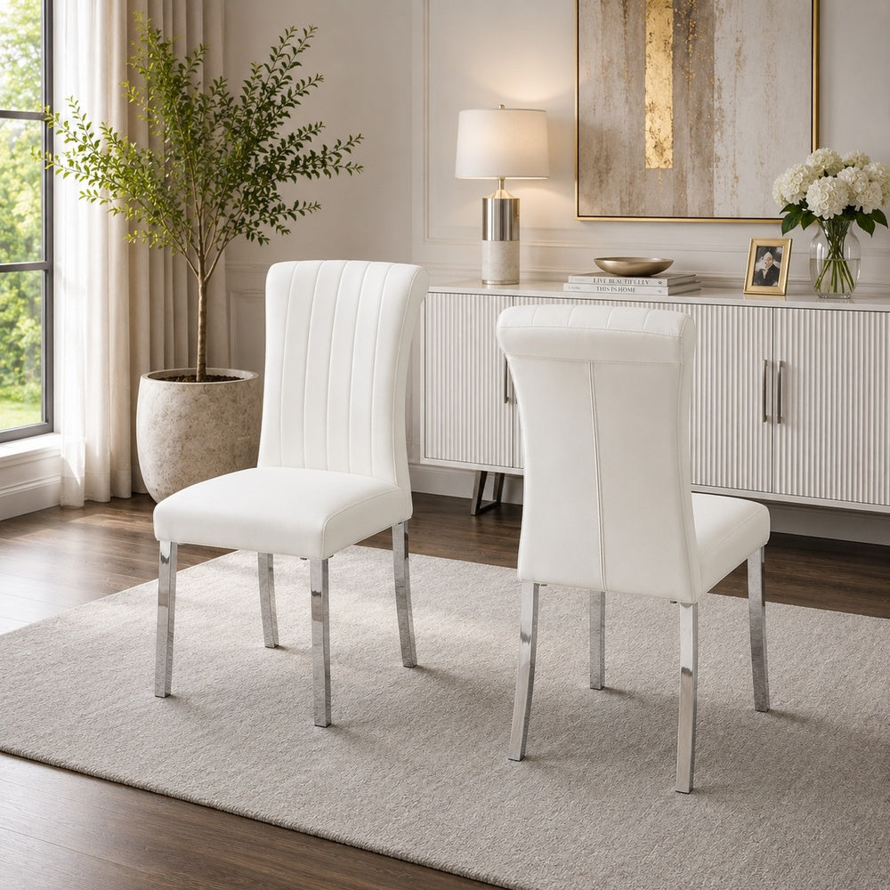Hols Parson Dining Side Chair Set of 2 | White Fabric | Silver Steel
