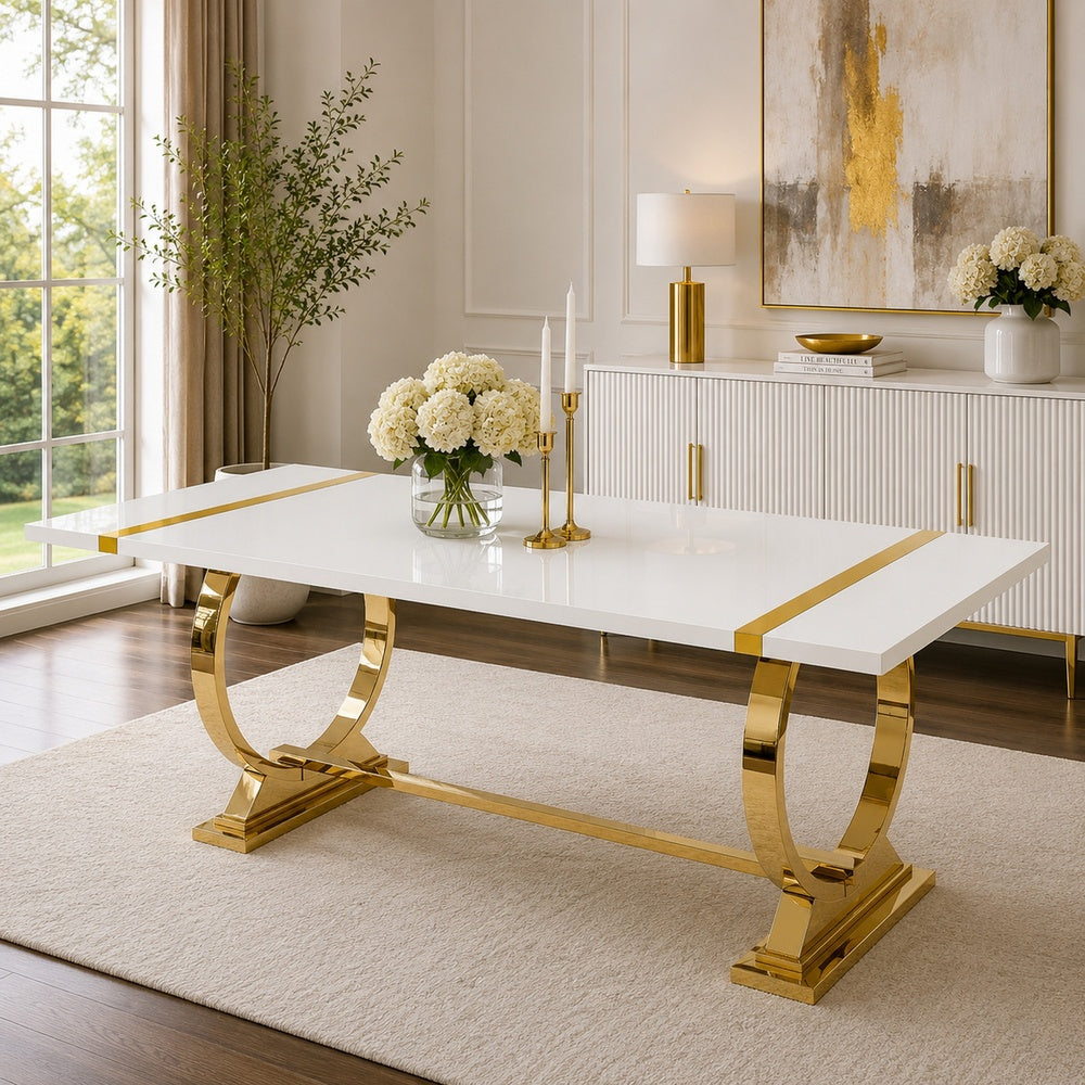 Hols Dining Table | Gold B&ing on White Top | O-Shaped Steel Legs 80"