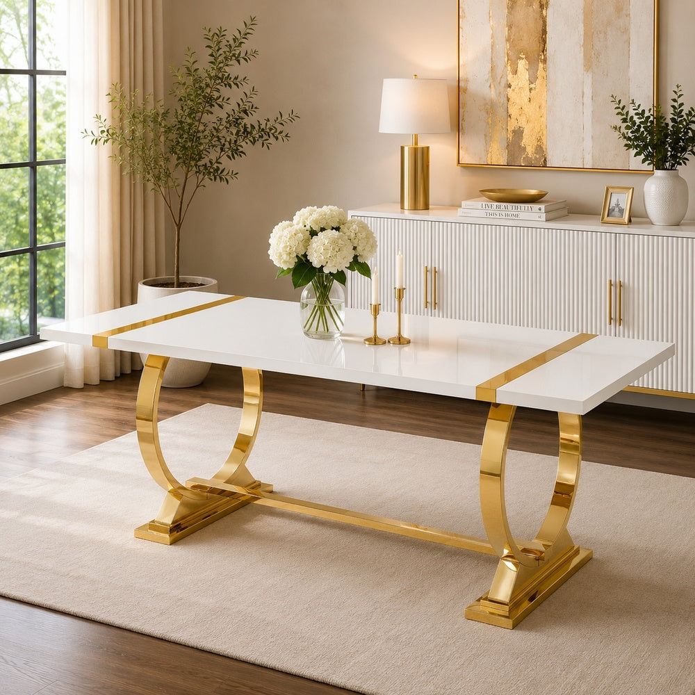 Hols Dining Table | Gold B&ing on White Top | O-Shaped Steel Legs 80"