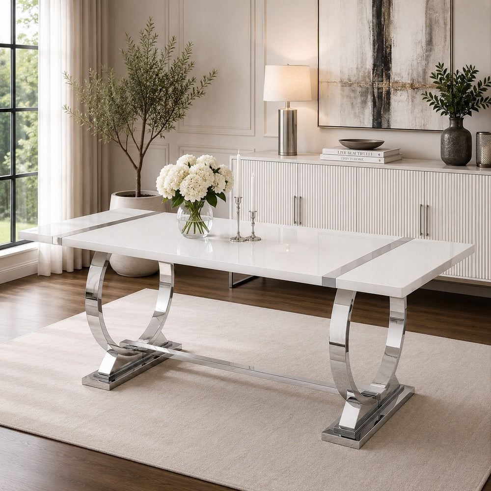 Hols Dining Table | Silver B&ing on White Top | O-Shaped Steel Legs 80"