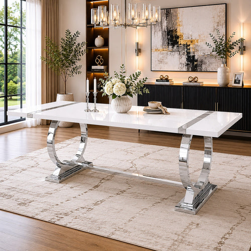 Hols Dining Table | Silver B&ing on White Top | O-Shaped Steel Legs 80"