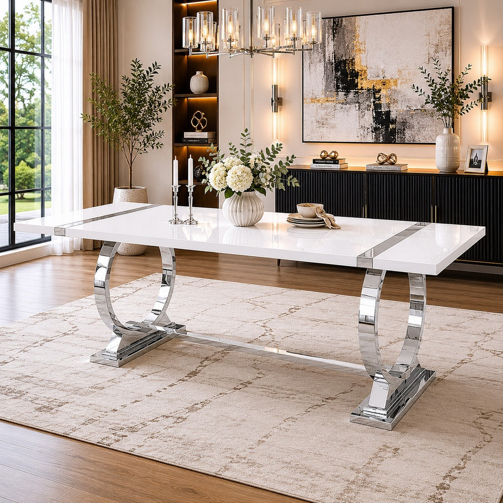 Hols Dining Table | Silver B&ing on White Top | O-Shaped Steel Legs 80"
