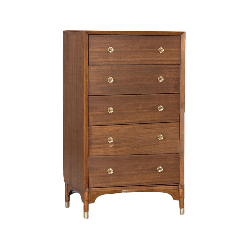 Urne Tall Dresser Chest | 5 Drawers | Gold Capped Legs | Walnut Brown Wood