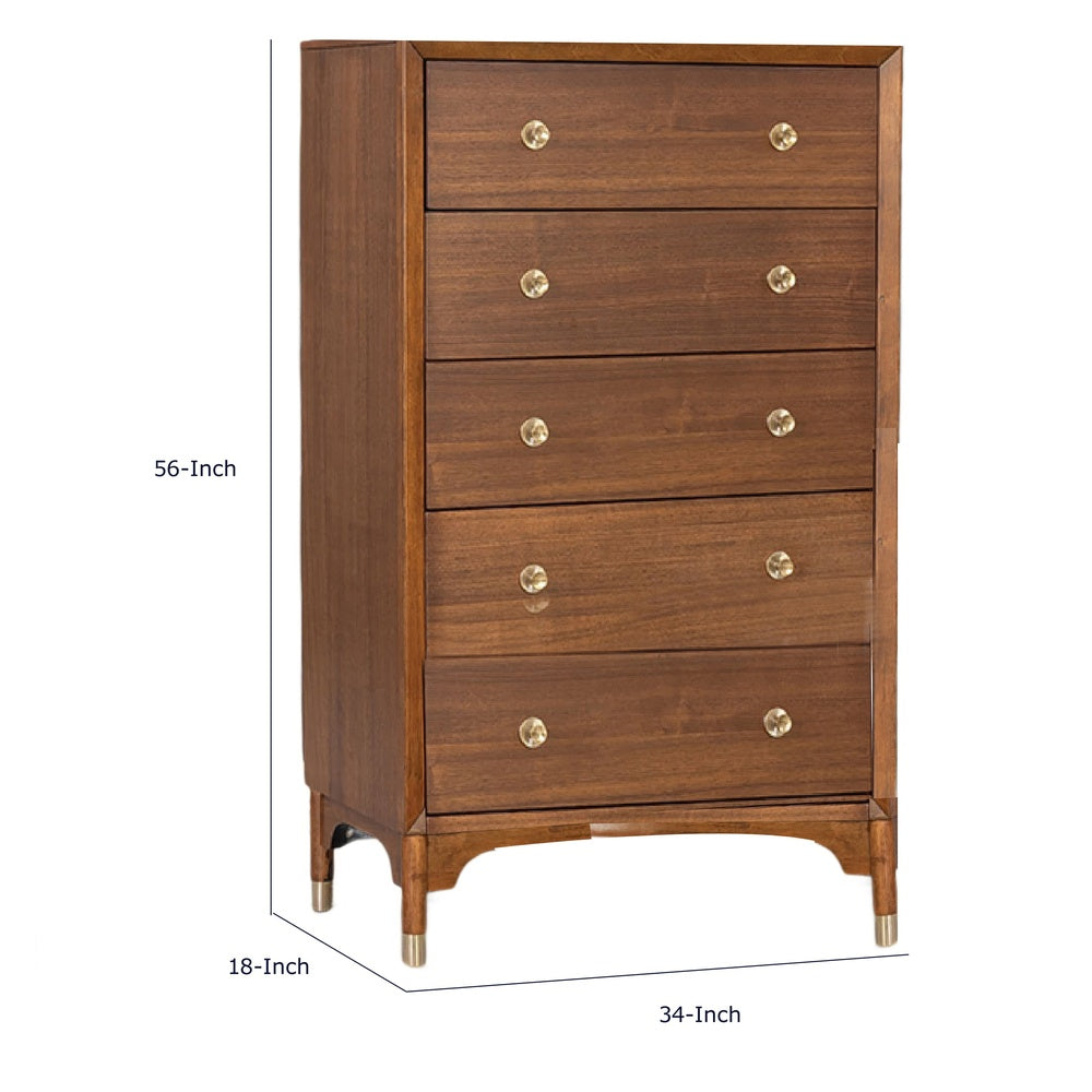 Urne Tall Dresser Chest | 5 Drawers | Gold Capped Legs | Walnut Brown Wood