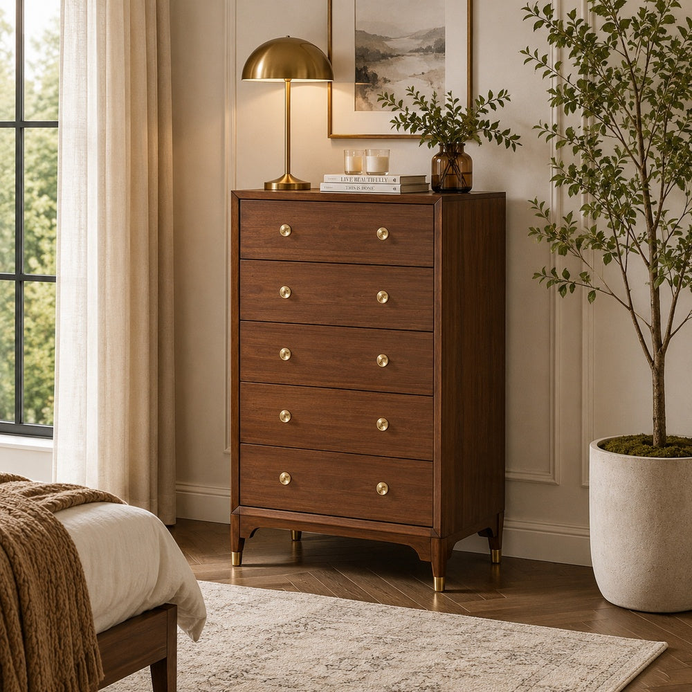 Urne Tall Dresser Chest | 5 Drawers | Gold Capped Legs | Walnut Brown Wood