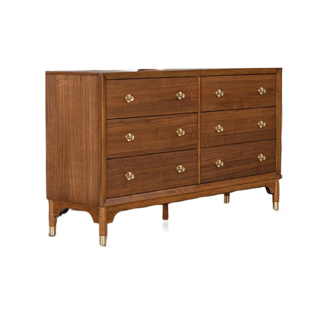 Urne Wide Dresser | 6 Drawers | Gold Capped Legs & Knobs | Walnut Brown