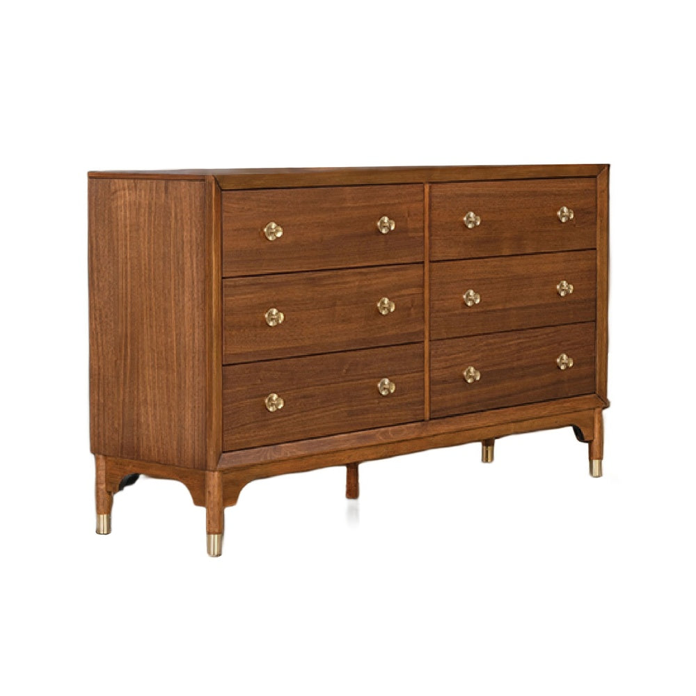 Urne Wide Dresser | 6 Drawers | Gold Capped Legs & Knobs | Walnut Brown