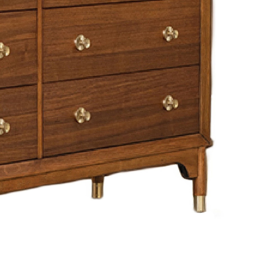 Urne Wide Dresser | 6 Drawers | Gold Capped Legs & Knobs | Walnut Brown