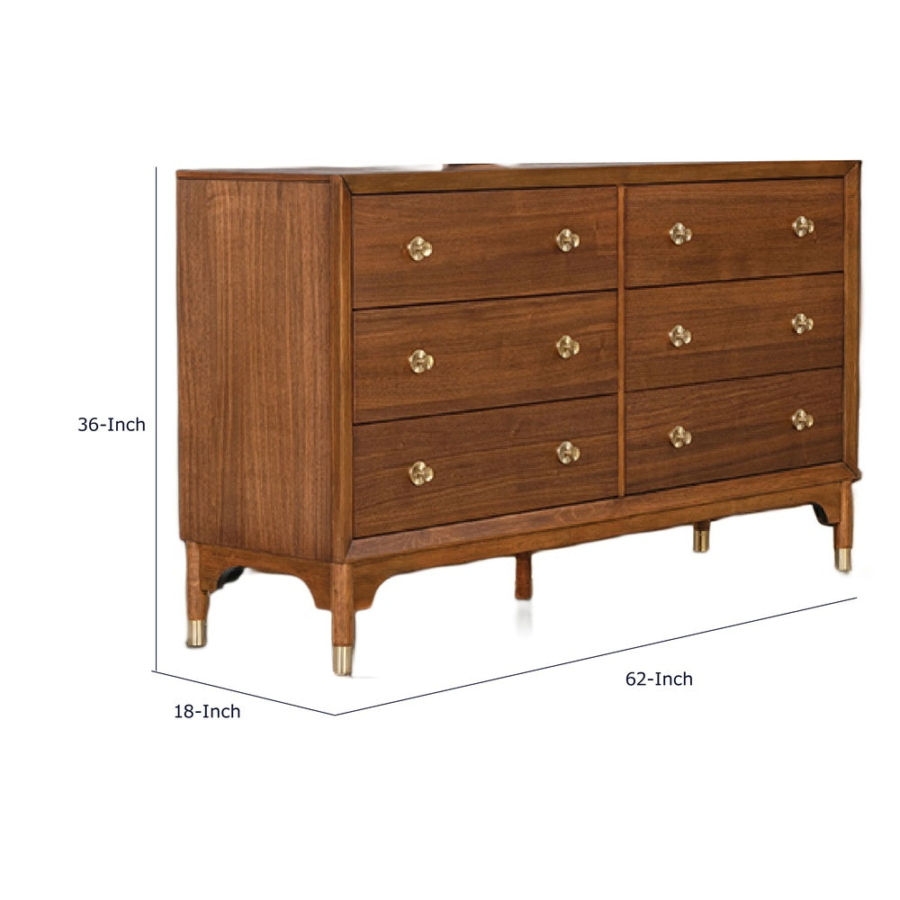 Urne Wide Dresser | 6 Drawers | Gold Capped Legs & Knobs | Walnut Brown