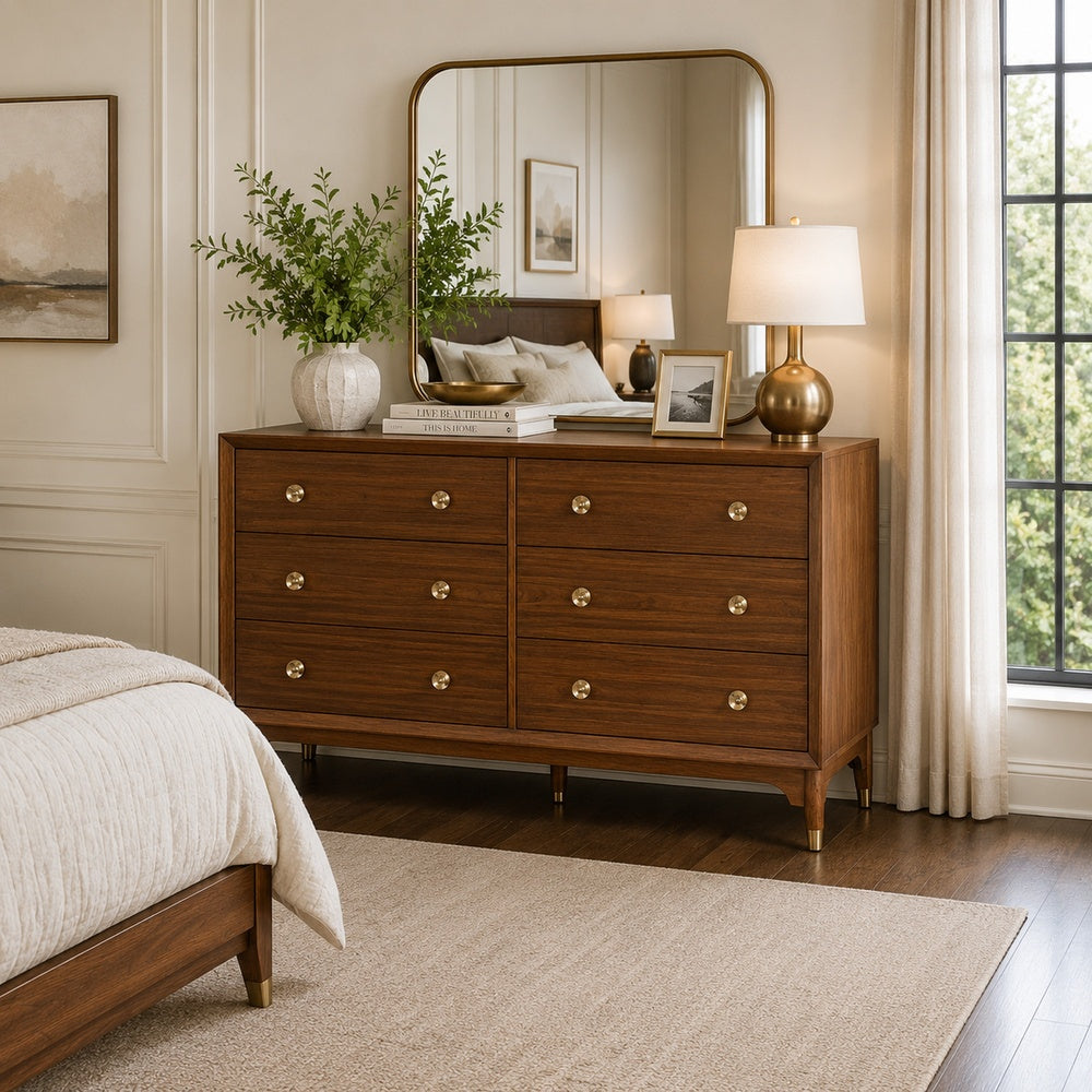 Urne Wide Dresser | 6 Drawers | Gold Capped Legs & Knobs | Walnut Brown