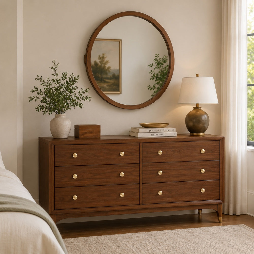 Urne Dresser Mirror | Framed Design | Walnut Brown Wood | 36" Round