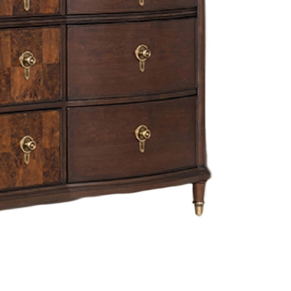 Raam Wide Dresser | 9 Drawers | Gold Capped Legs | Dark Cherry Brown