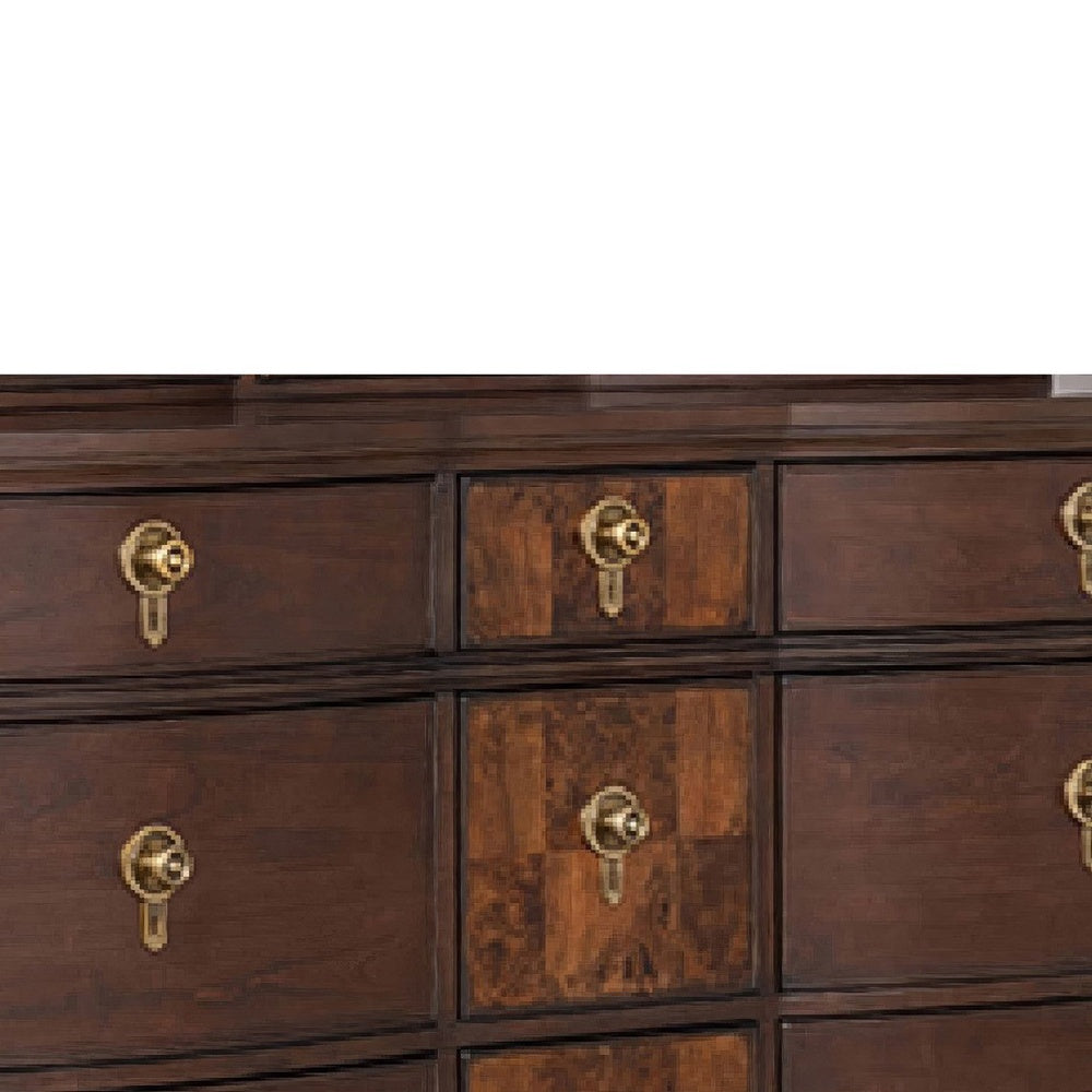 Raam Wide Dresser | 9 Drawers | Gold Capped Legs | Dark Cherry Brown