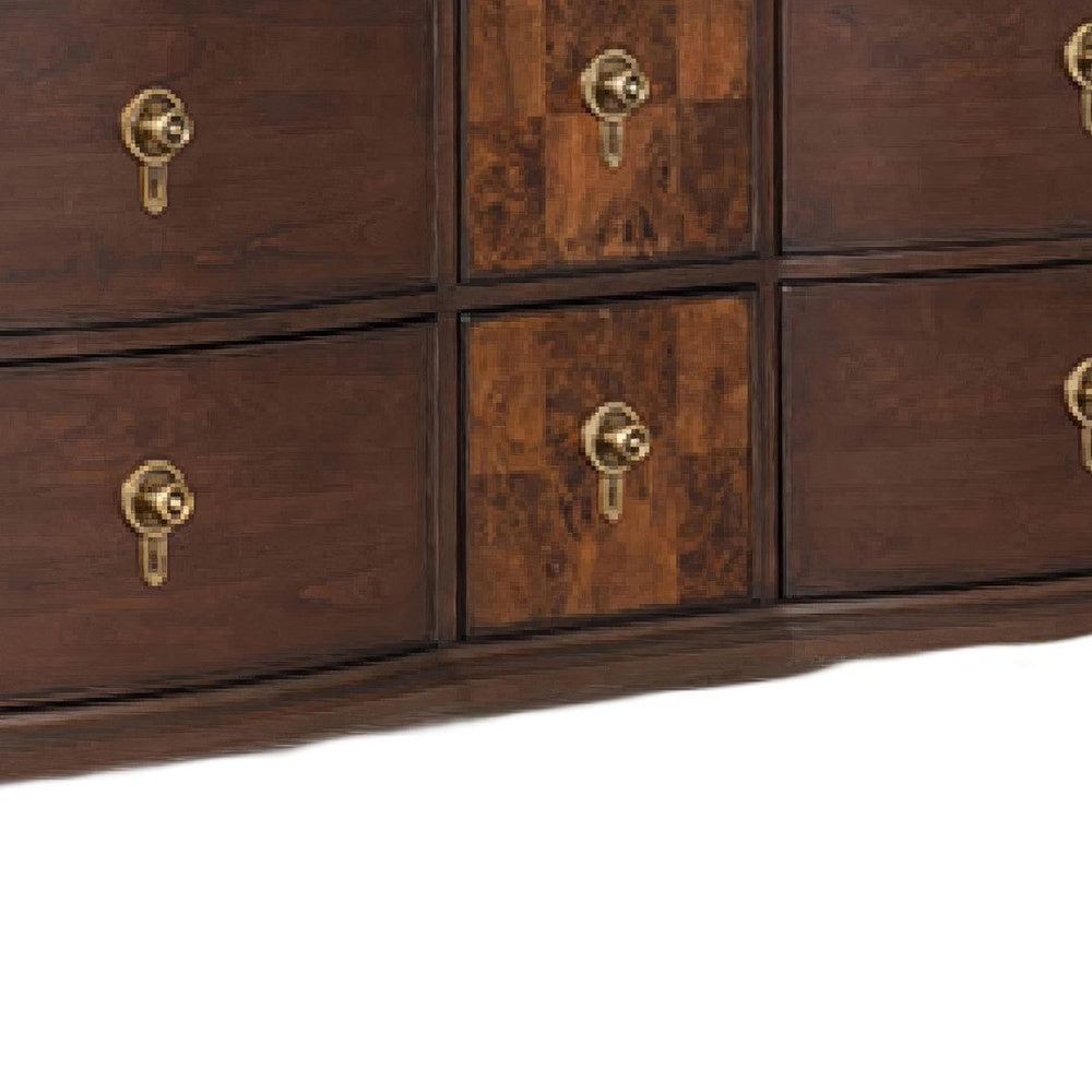 Raam Wide Dresser | 9 Drawers | Gold Capped Legs | Dark Cherry Brown