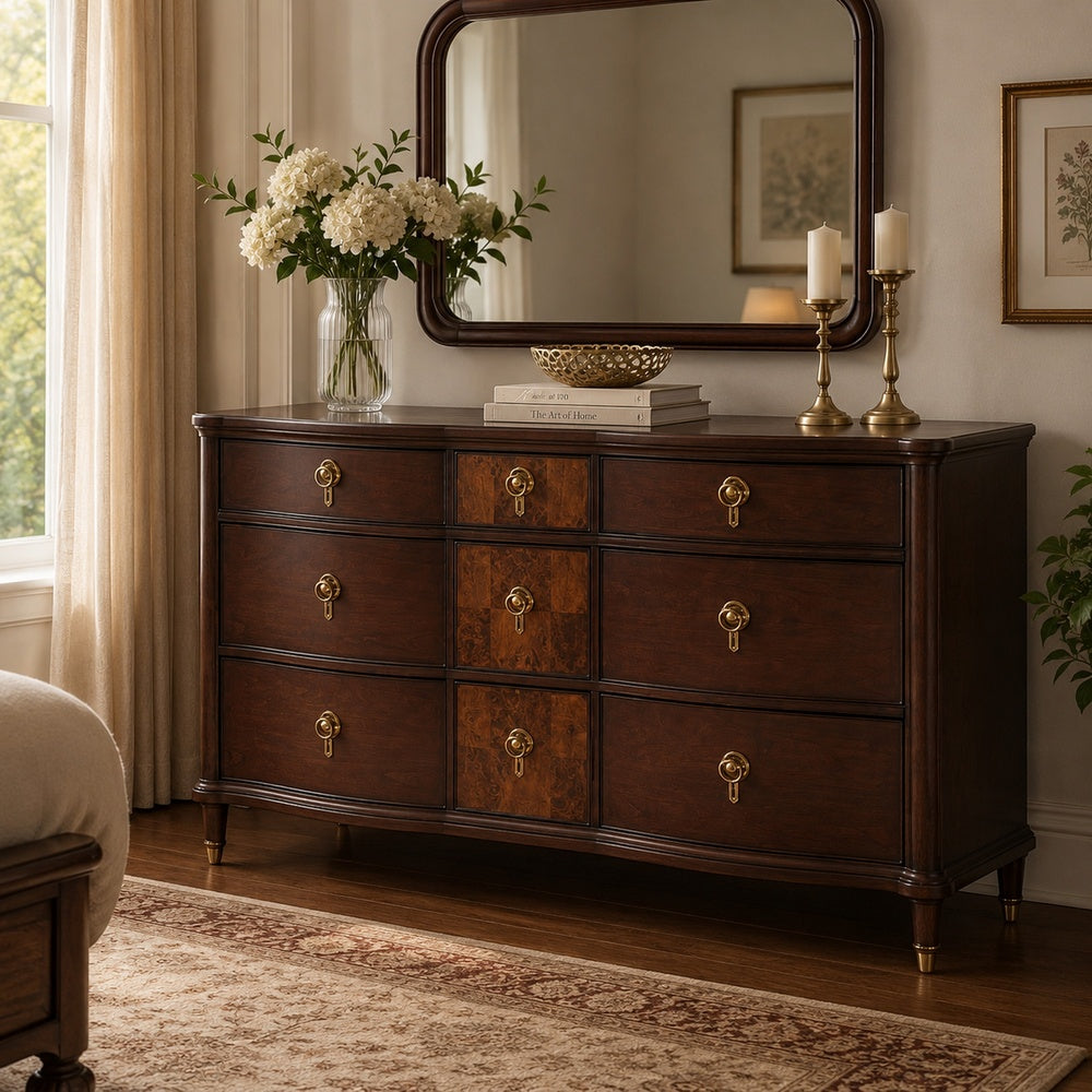 Raam Wide Dresser | 9 Drawers | Gold Capped Legs | Dark Cherry Brown