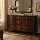 Raam Wide Dresser | 9 Drawers | Gold Capped Legs | Dark Cherry Brown