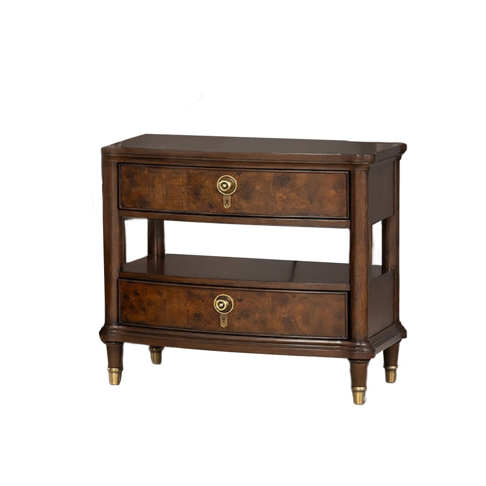 Raam Nightst& | 2 Drawers | 1 Shelf | Gold Capped Legs | Dark Cherry Brown