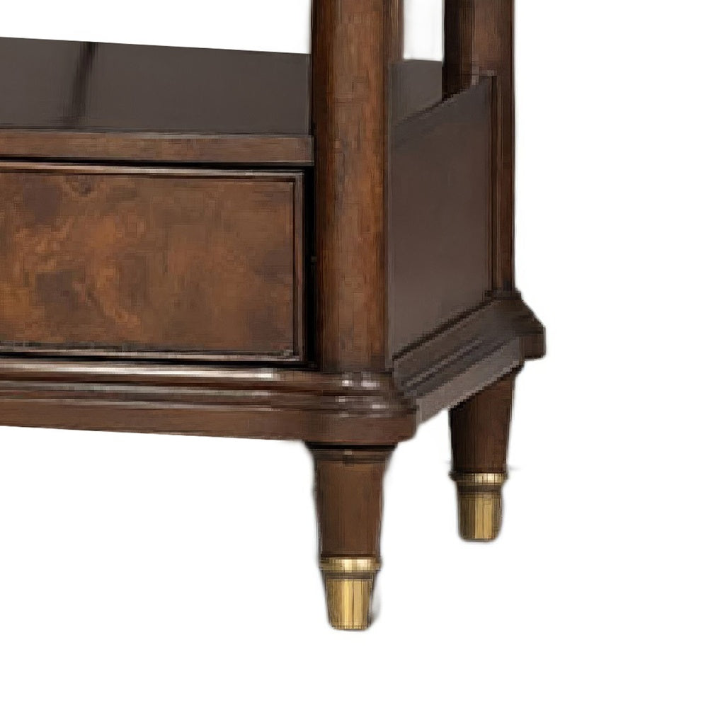 Raam Nightst& | 2 Drawers | 1 Shelf | Gold Capped Legs | Dark Cherry Brown