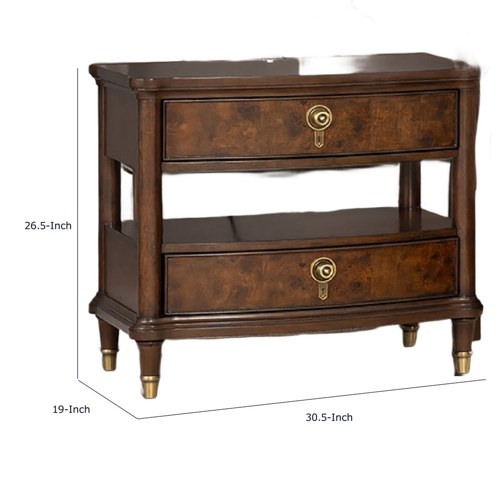 Raam Nightst& | 2 Drawers | 1 Shelf | Gold Capped Legs | Dark Cherry Brown