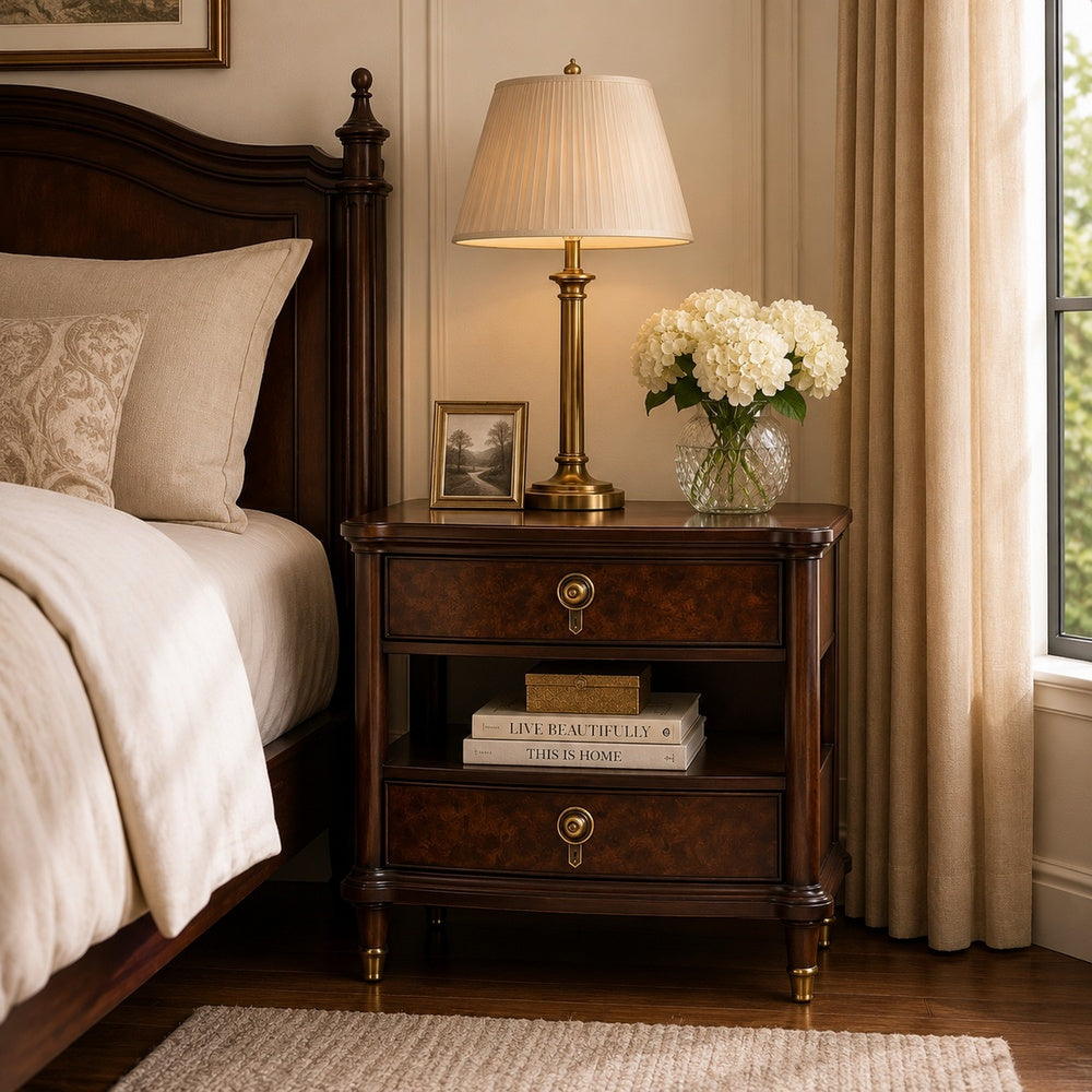 Raam Nightst& | 2 Drawers | 1 Shelf | Gold Capped Legs | Dark Cherry Brown
