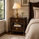 Raam Nightst& | 2 Drawers | 1 Shelf | Gold Capped Legs | Dark Cherry Brown