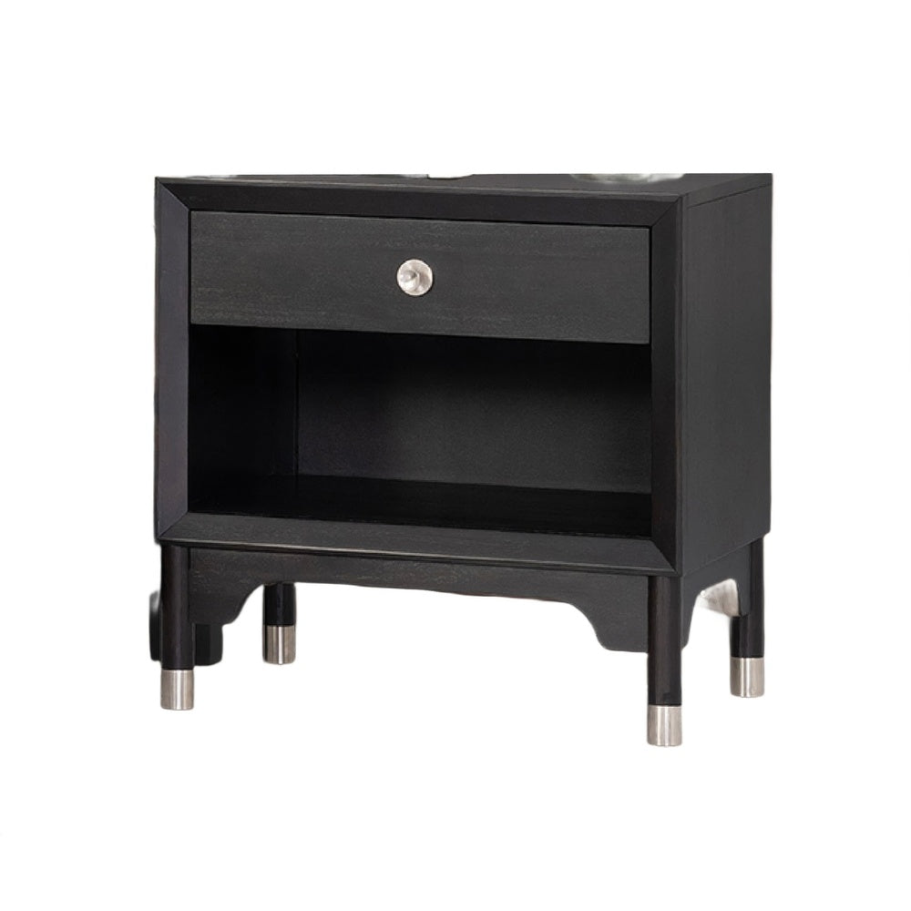 Tora Nightst& | 2 USB Ports | Drawer & Shelf | Silver Capped Legs | Black