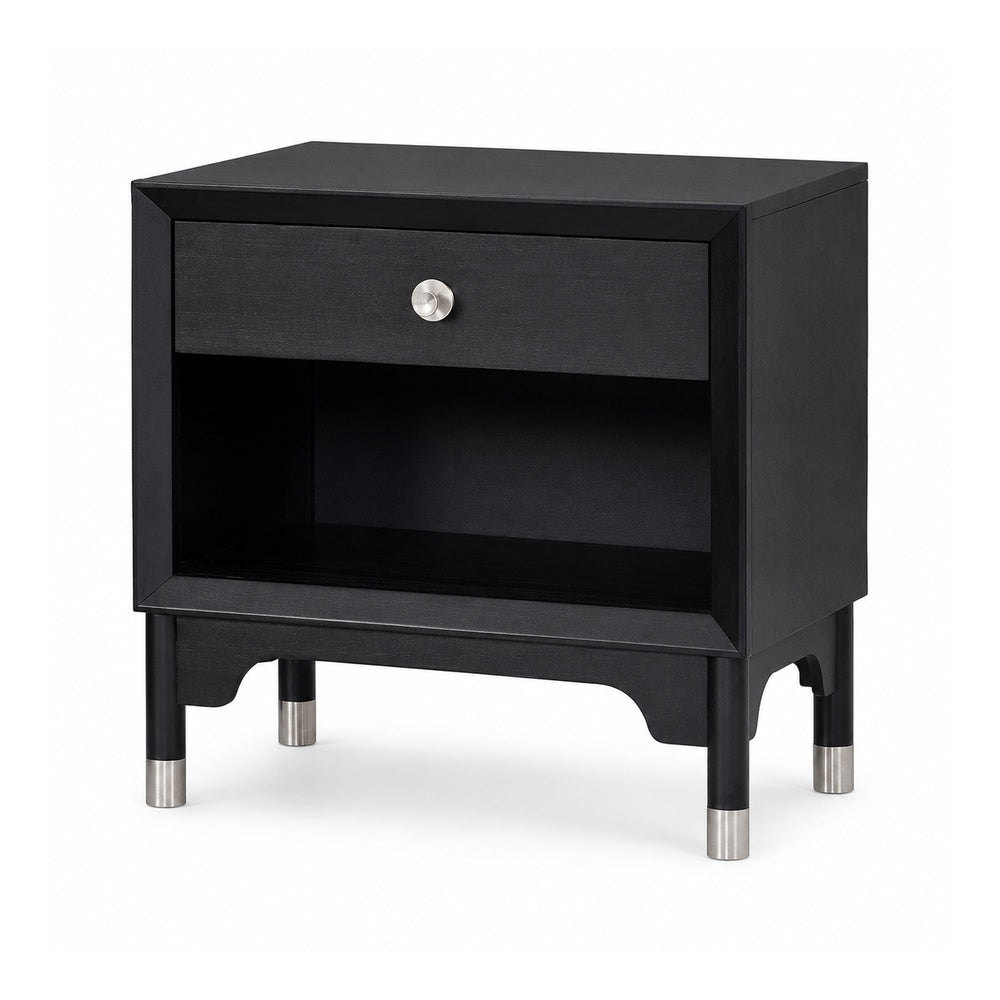 Tora Nightst& | 2 USB Ports | Drawer & Shelf | Silver Capped Legs | Black
