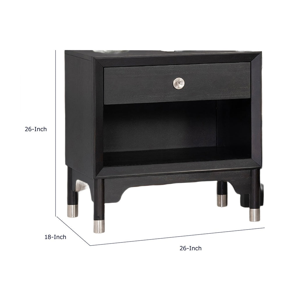 Tora Nightst& | 2 USB Ports | Drawer & Shelf | Silver Capped Legs | Black