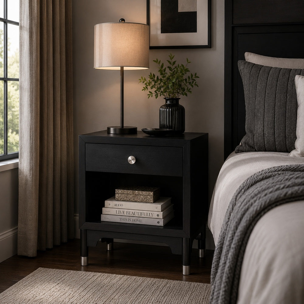Tora Nightst& | 2 USB Ports | Drawer & Shelf | Silver Capped Legs | Black