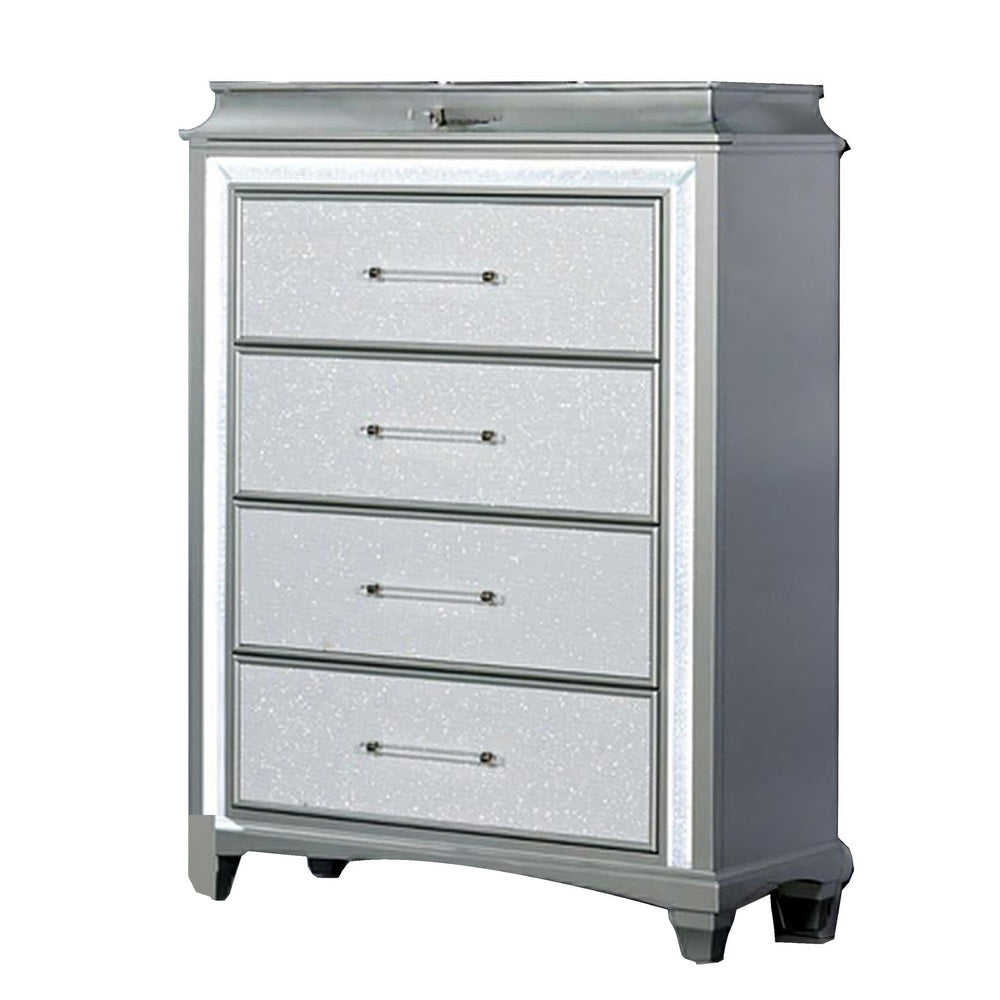 Gala Tall Dresser Chest | 5 Drawers | Felt-Lined | Crystal Trim w LED | Gray
