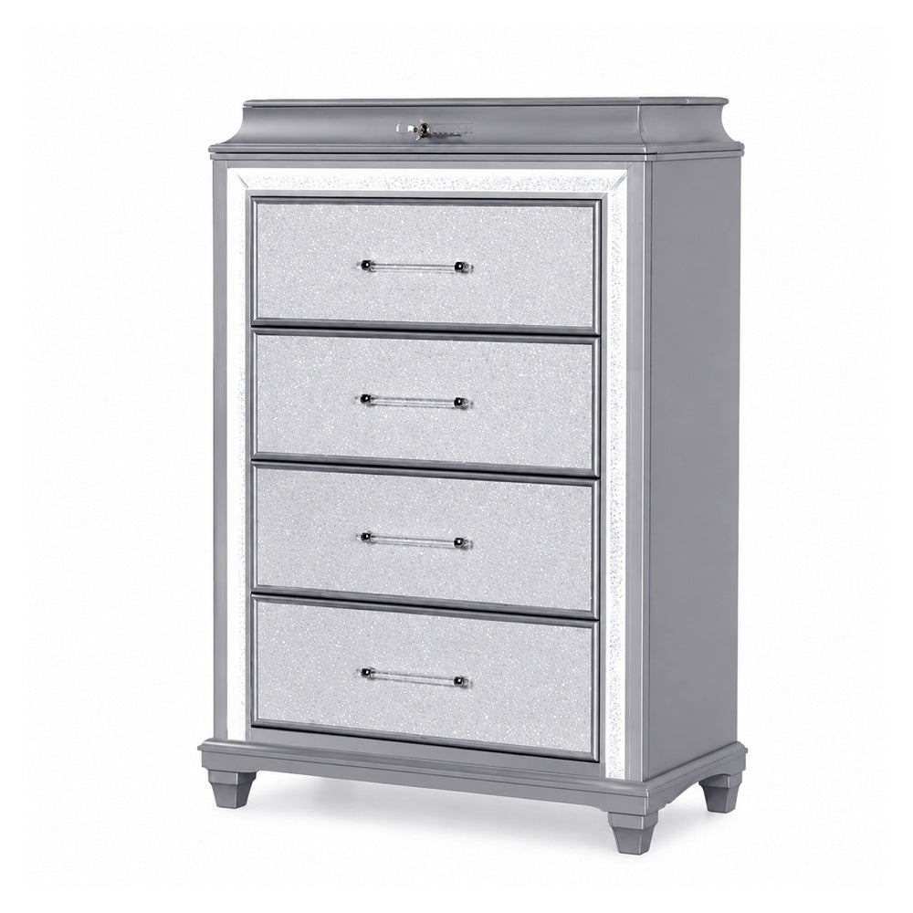 Gala Tall Dresser Chest | 5 Drawers | Felt-Lined | Crystal Trim w LED | Gray