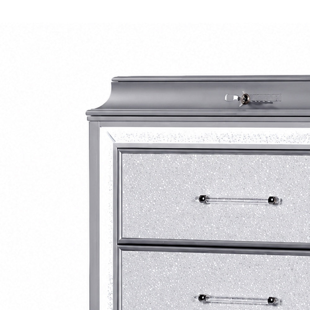 Gala Tall Dresser Chest | 5 Drawers | Felt-Lined | Crystal Trim w LED | Gray