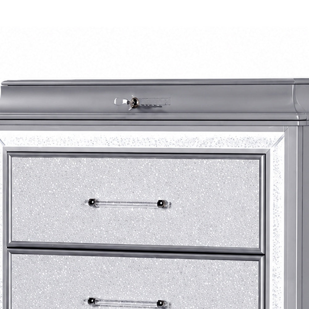 Gala Tall Dresser Chest | 5 Drawers | Felt-Lined | Crystal Trim w LED | Gray