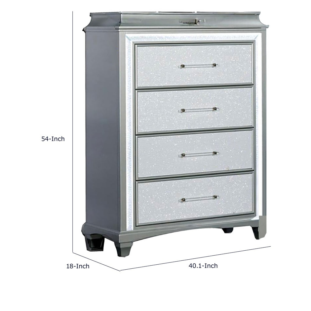 Gala Tall Dresser Chest | 5 Drawers | Felt-Lined | Crystal Trim w LED | Gray
