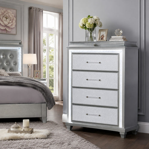 Gala Tall Dresser Chest | 5 Drawers | Felt-Lined | Crystal Trim w LED | Gray