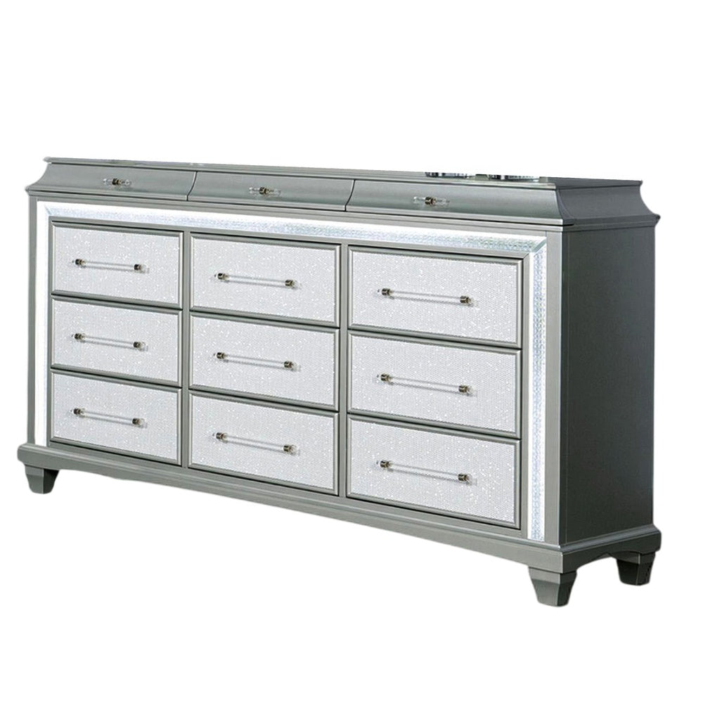 Gala Wide Dresser | 12 Drawers | Felt-Lined | Crystal Trim w LED | Gray